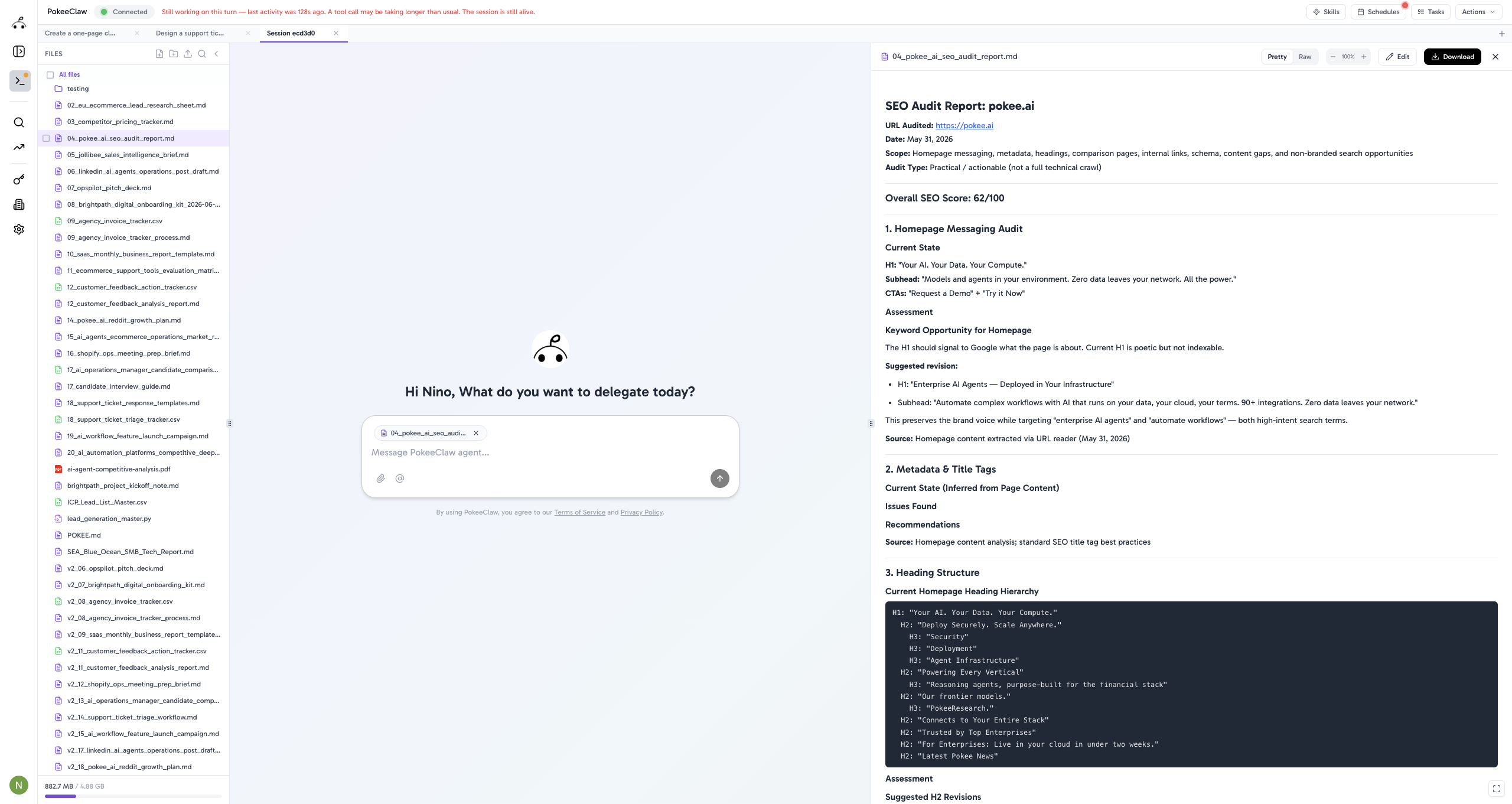 SEO audit report created by Pokee from a single prompt